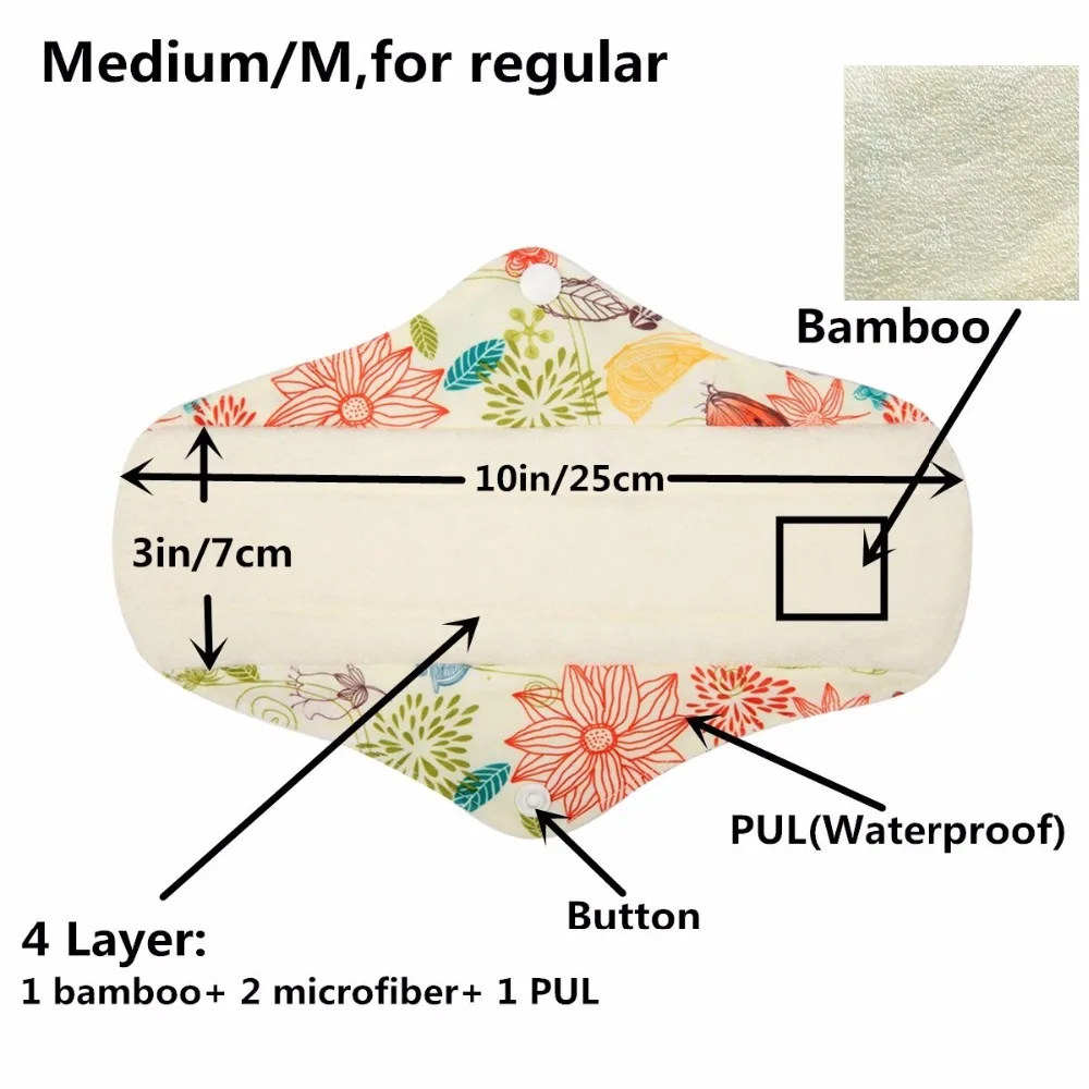 [Sigzagor] 5 средних и обычных многоразовых моющихся бамбуковых тканевых подушечек для мамы, менструальные гигиенические прокладки, светильник 10 дюймов 25 см 26 дизайнов