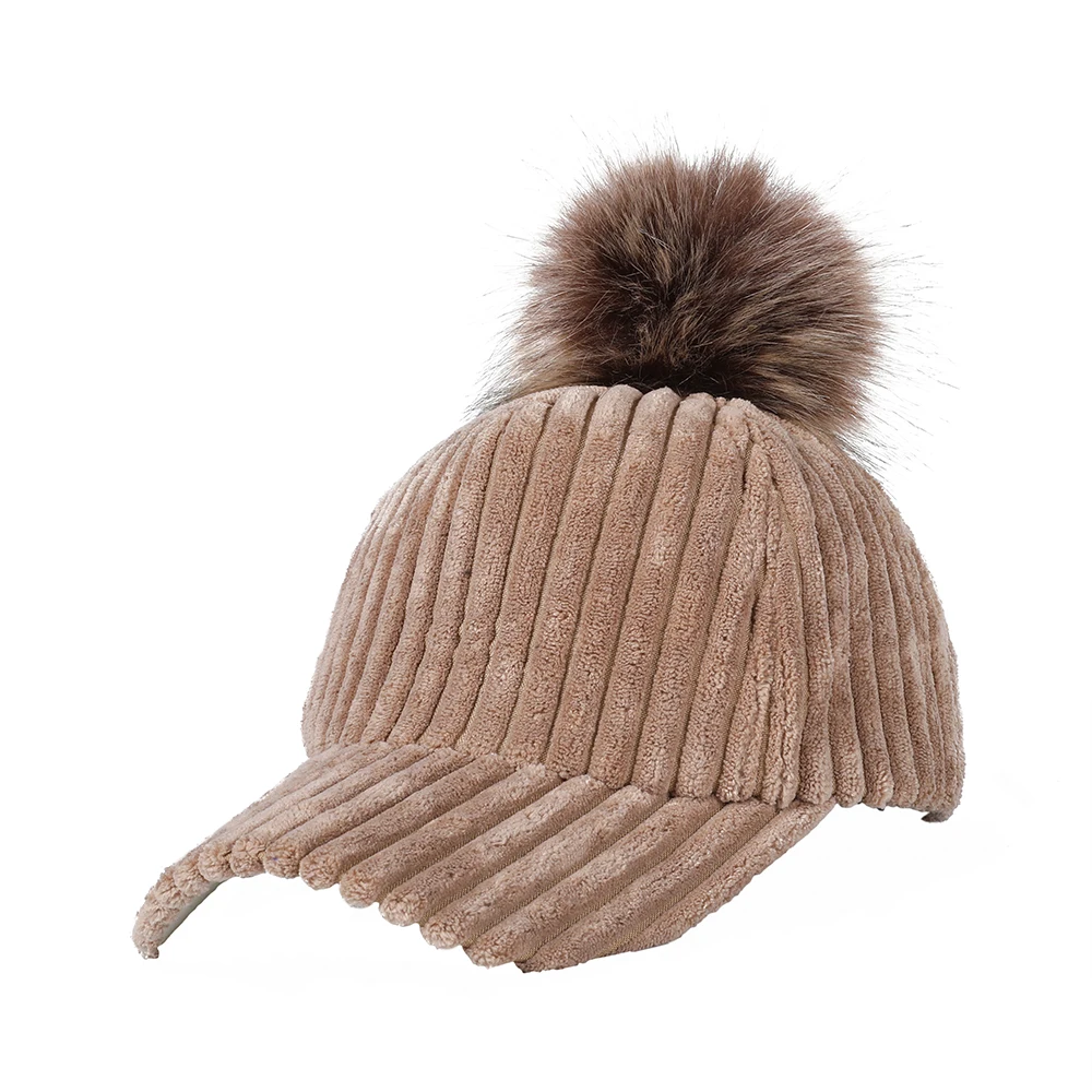 New Corduroy Baseball Cap With Faux Fur Pompon Suede Hat Winter Warm Women Baseball Caps Casual