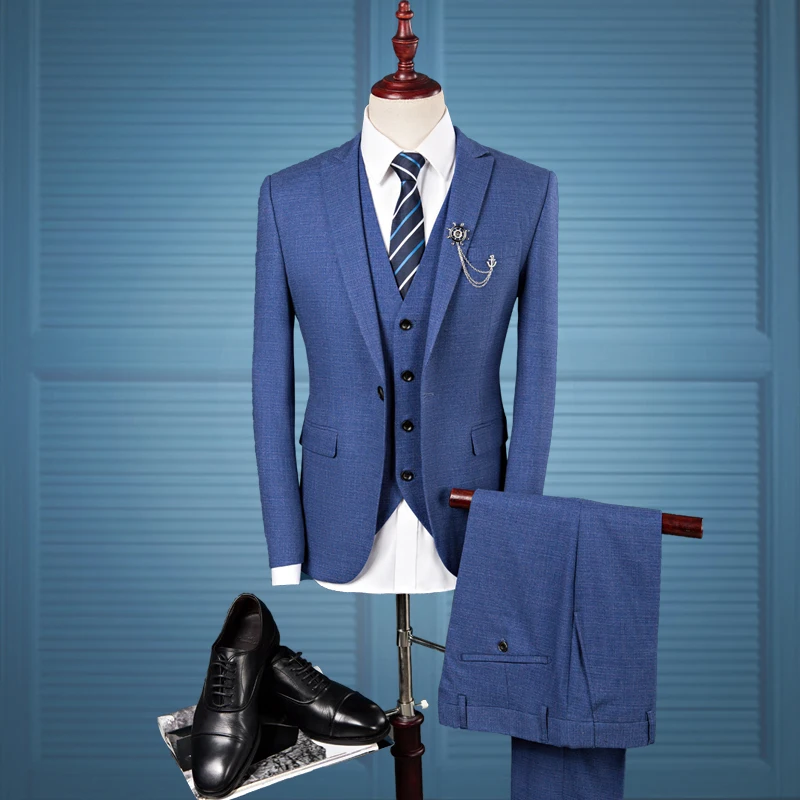 (Jacket+Vest+Pants)Fashion Leisure Suits  Men's Rhree-piece Wine Red Print Korean Slim After the Split Suit Bridegroom Wedding