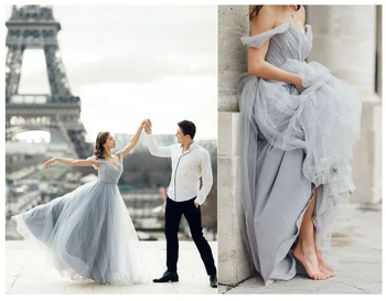 

LORIE Boho Gray Off the Shoulder Wedding Dress 2019 Robe de mariee Vintage Lace Top New Bridal Dress Puffy Wedding Dresses