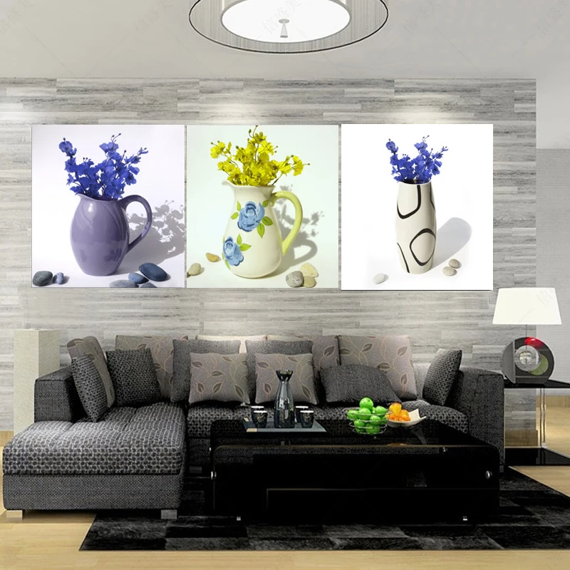 Three-picture Home Decor Creative Canvas Painting Combination Paintings Wall Pictures Living Room Wedding Blue vase flower | Дом и сад