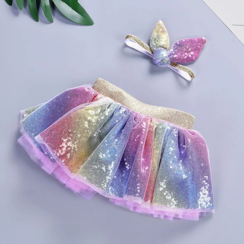 

2019 Girls Kids Tutu Party Dance Ballet Baby Bling Costume Skirt+Ears Headband Set TuTu Ball Gown Girls Skirts Rainbow Skirt