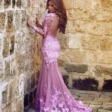 Розовые мусульманские Вечерние платья Русалка Тюль с длинным рукавом Аппликации Кружева исламский Дубай Саудовская Арабский длинное официальное вечернее платье