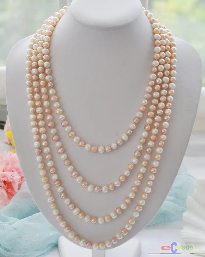

Hot selling free shipping*******100" 8mm round white pink Freshwater cultured pearl necklace