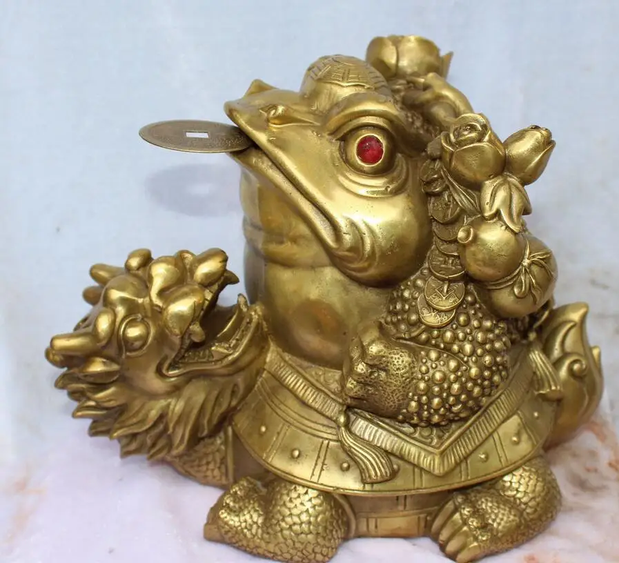 

6710928++9"Chinese Fengshui Brass Wealth Dragon tortoise Turtle Spittor Gold Toad Statue
