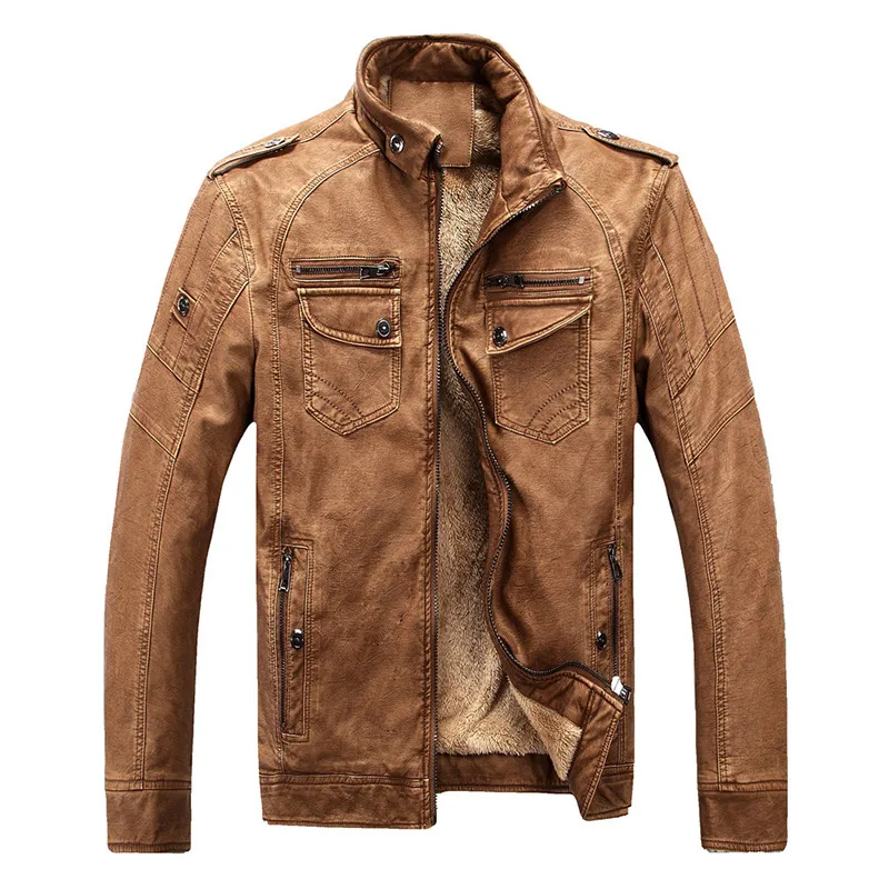 DAVYDAISY Высокое качество зимняя куртка из искусственной кожи для мужчин толстый флис Стенд воротник повседневное бренд мужской PU куртка и пальто DCT-133 - Цвет: Brown