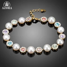Azora, золотые 10 шт цветок лотоса с 9 шт перламутровые цветные Австрийские кристаллы Stellux браслет TS0067