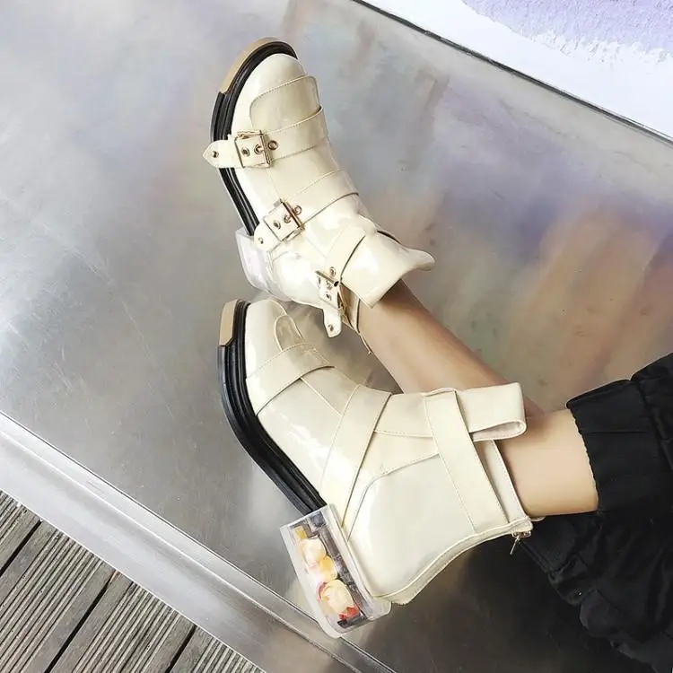 

Dipsloot 2019 The Latest Women 3 Buckles Back Zipper Ankle Boots With Metal Decorations Ladies Square Low Fretwork Heels Shoes