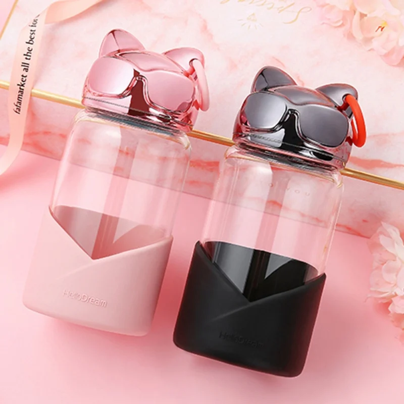 

340ml Fox Head Shape Glass Bottle Stainless Steel Strainer Outdoor Travel Tour Hiking Sport Portable Juice Lemon Water Bottle