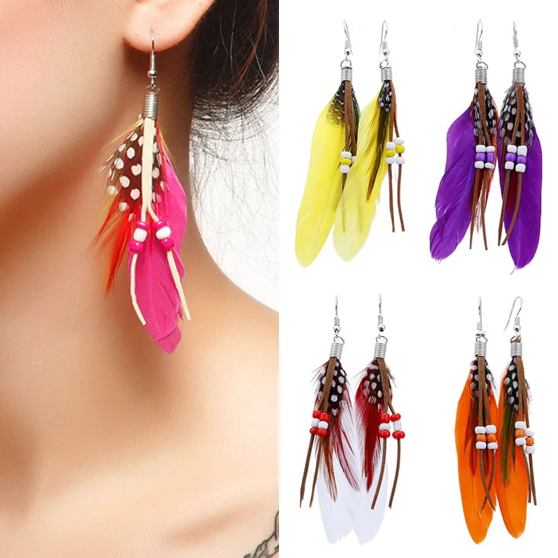 

Sale 1Pair 10cm Vintage bohemian beads feather earrings for women fashion jewelry party Gift