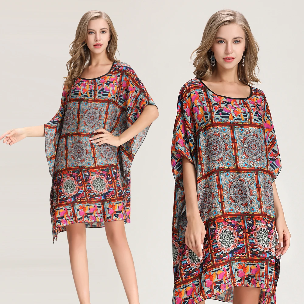 

2019 summer new silk bat sleeve print dress