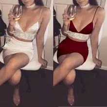 Стильная женская обувь 2 предмета Bodycon платье с треугольным вырезом, комплект: укороченный топ и юбка Разделение Клубные вечерние Cooktail платья карандаш Одежда для вечеринки комплекты