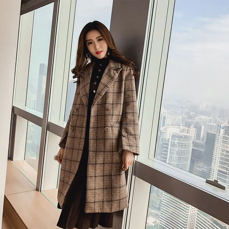 Abrigos mujer invierno Мода 2018 г. осень зима двубортный свободные прямые коричневый плед