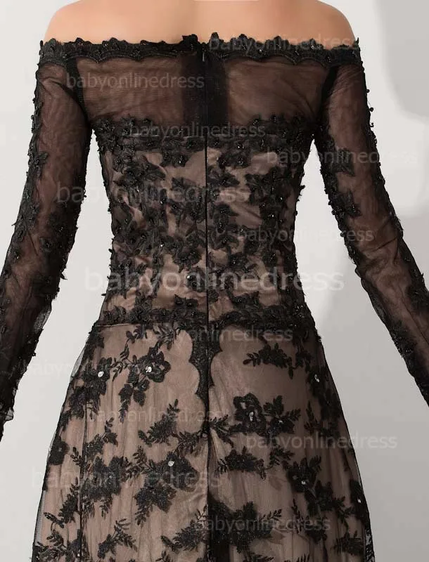 Middle East Black Lace Muslim Arabic Evening Dress Long Sleeve Boat Neck Kaftan Dubai Evening Gown with Train Robe de Soiree Middle East Black Lace Muslim Arabic Evening Dress Long Sleeve Boat Neck Kaftan Dubai Evening Gown with Train Robe de Soiree