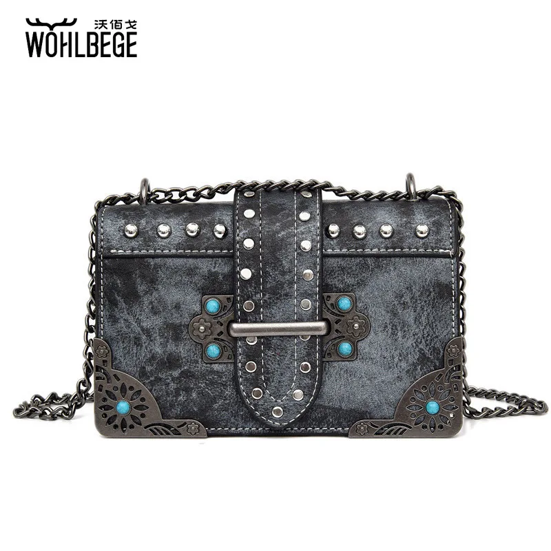 

Women Retro Rivet Small Square Bag Pu Leather 2019 New Wild Single Shoulder Slung Chain Fashion Small Bag Female Tide