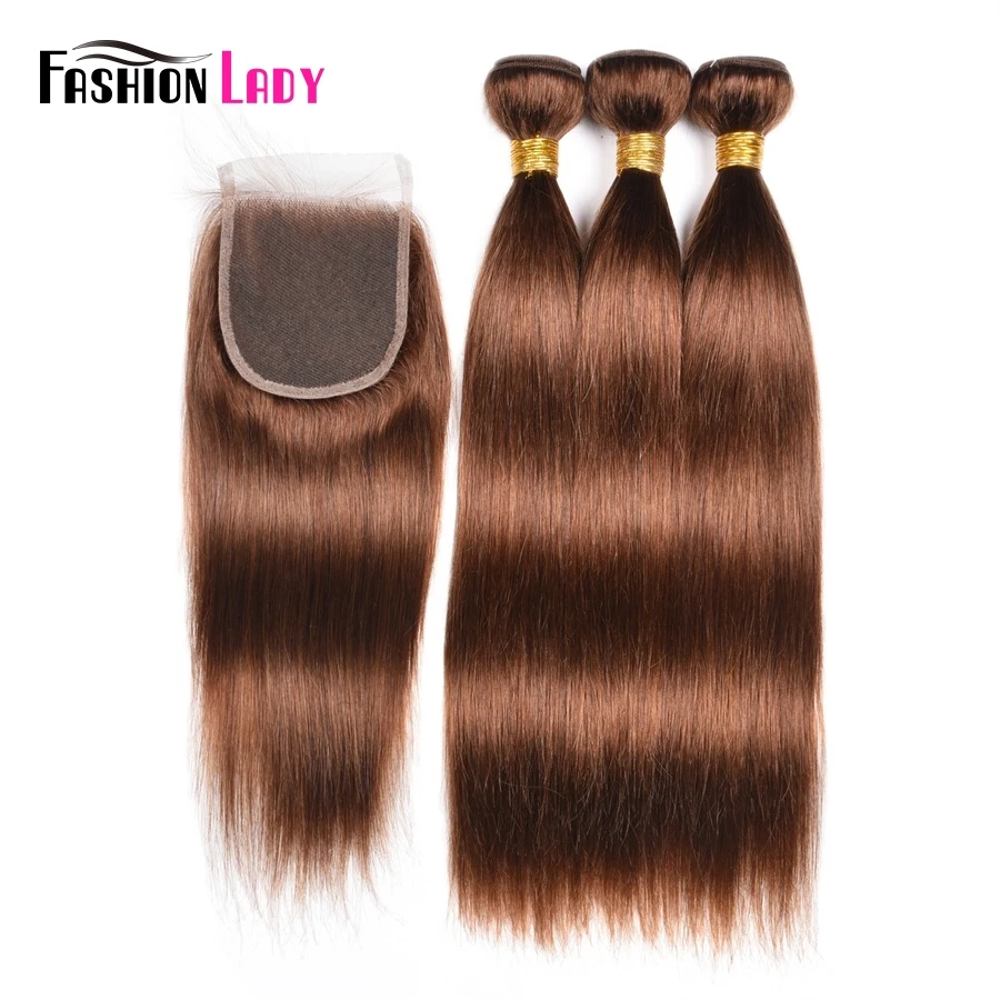 

Fashion Lady Pre-Colored 3 Bundles With Closure Straight Peruvian Human Hair 4# Brown Hair Bundles With Closure Non-Remy