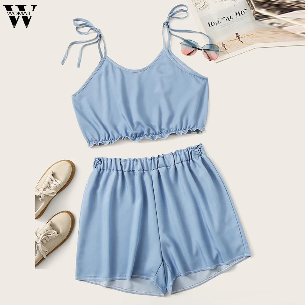 

Womail Women tracksuit summer Casual 2 Piece Fashion Ladies Sexy Solid Camis Top Vest+Short Set beach holiday Plus Size2019 J611