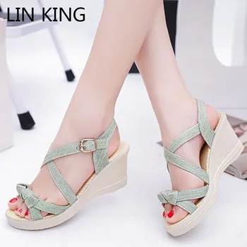 

LIN KING Casual Buckle Women Wedges Sandals Sweet Bowtie Thick Sole Platform Summer Shoes Lady Office Career Work Sandalias