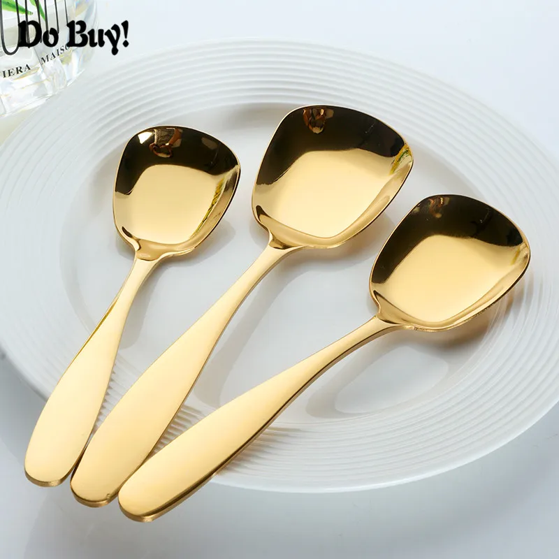 

3pcs/Set Flat Bottom Spoons 18/8 Stainless Steel Square Design Salad Cutlery Dessert Scoops Soup Spoons 3 Sizes Noble Dinnerware