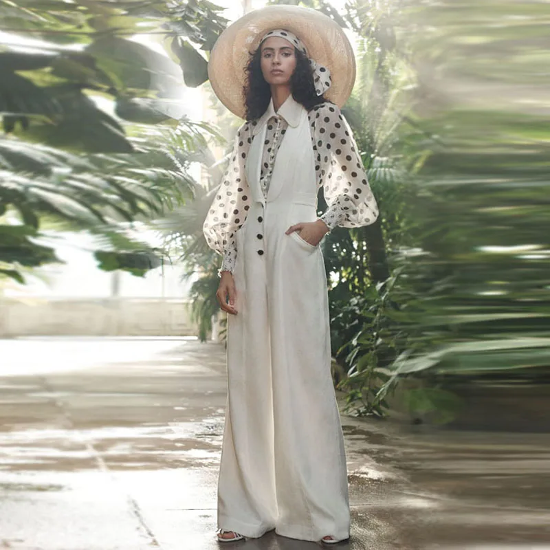 

2019 Luxury Brand Spring Summer Woman Pant Sets Sexy Wave Point Puff Sleeve Shirts and White Leg Vest Jumpsuit with Belt