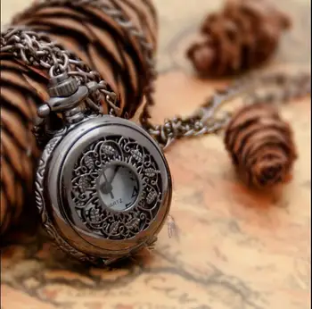 

New Fashion quartz black pendant Hollow out leaves girl gift Necklace pocket watches