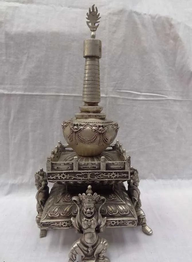 

16" China Silver Lion Head Tibet Shakyamuni Mahakala Buddha Statue Stupa Tope free shipping