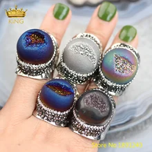 5 шт 20 мм большие кольца Drusy Geode, разные цвета, распродажа, друза титана, Агаты, камни, вымощенные Стразы, серебряное кольцо YT116