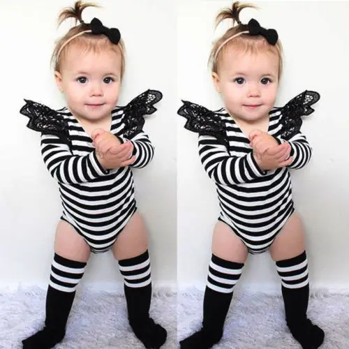

2016 Newborn Infant Baby Girl Bodysuit Cute Bebes Lace Bodysuits Long Sleeve Striped Kids Clothing Toddlers Outfits Sunsuit