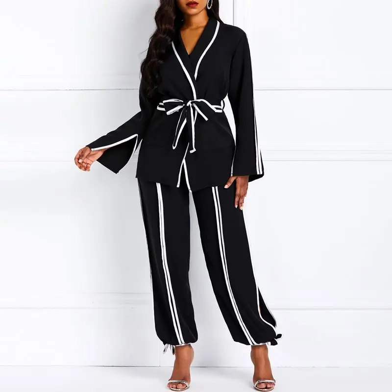 

Fall 2019 African Elegant Office Ladies Plus Size Women 2 Two Piece Set Long Sleeve Jacket Pants Lace Up Autumn Black Chic Suits