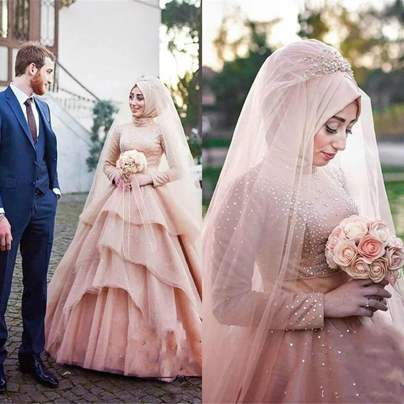 

2019 Latest Muslim Wedding Dress Light Pink High neck Rhinestones Long Sleeve Tiered Skirts Tulle Bridal Gowns vestido de noiva