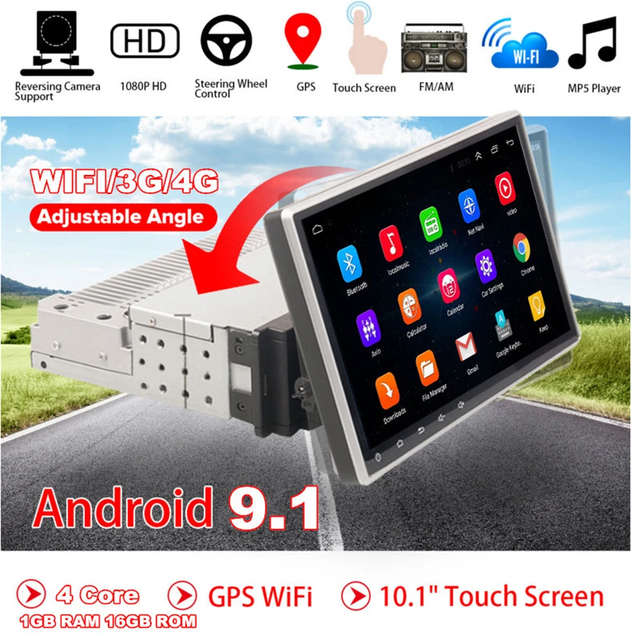 

Universal 1Din Adjustable Android 9.1 10.1" 1080P Touch Screen Quad-core RAM 1GB ROM 16GB Car Stereo Radio GPS Wifi