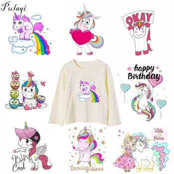 

Pulaqi Cartoon Unicorn Flower Patches Iron On Transfers Heat Thermal Transfer Patch For T-Shirts Cartoon Animal Decor For Kids F