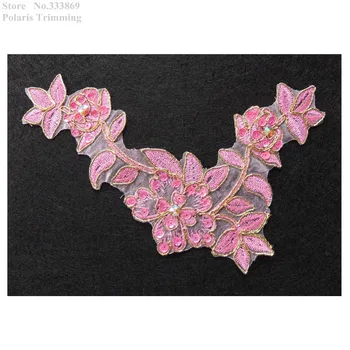 

Free Shipping 2pcs/lot x New Pink/Gold Flower Embroidery Sequin Beaded Stoned Lace Appliques Trim Patch Sewing DIY Craft PBNC79F