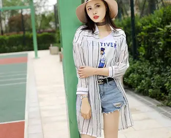 

Women's summer thin sunscreen long coat lady's narrow stripe Anti-uv shirt R373