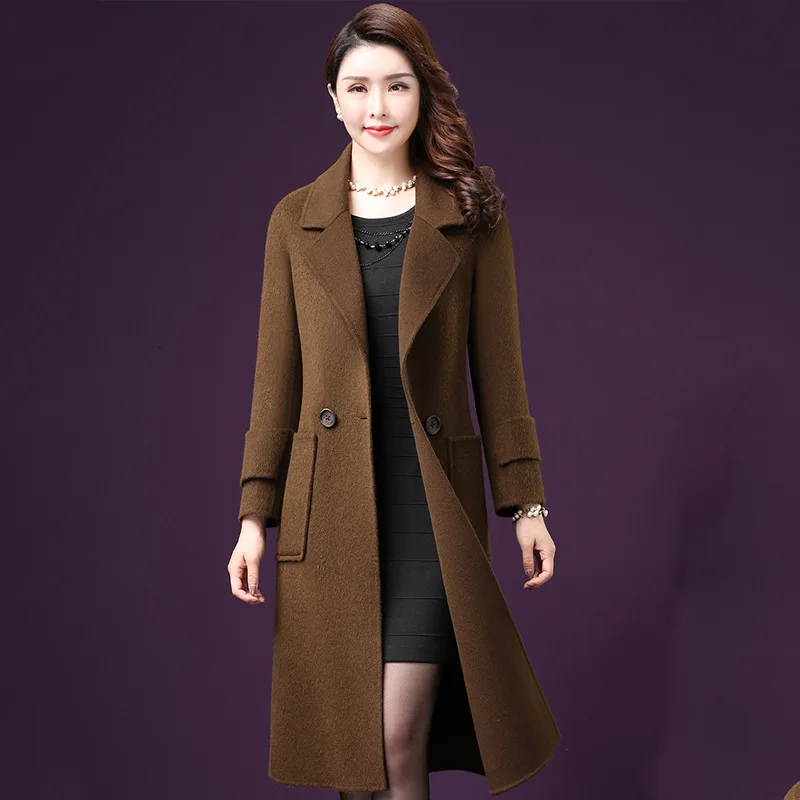 2018 Solide rouge Femmes Colour Poches À Laine Turn Boutonnage Office Lady Double vert Long down Mince Veste camel Manteau Col D'hiver Cachemire Caramel UpzqGSMV