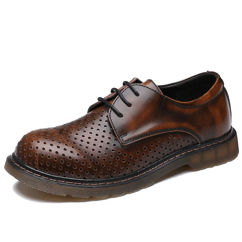

Summer Men's high quality Cow split Leather Shoes Breathable Vintage Non slip Wide Work Shoes Cut Out Brogue shoes Men