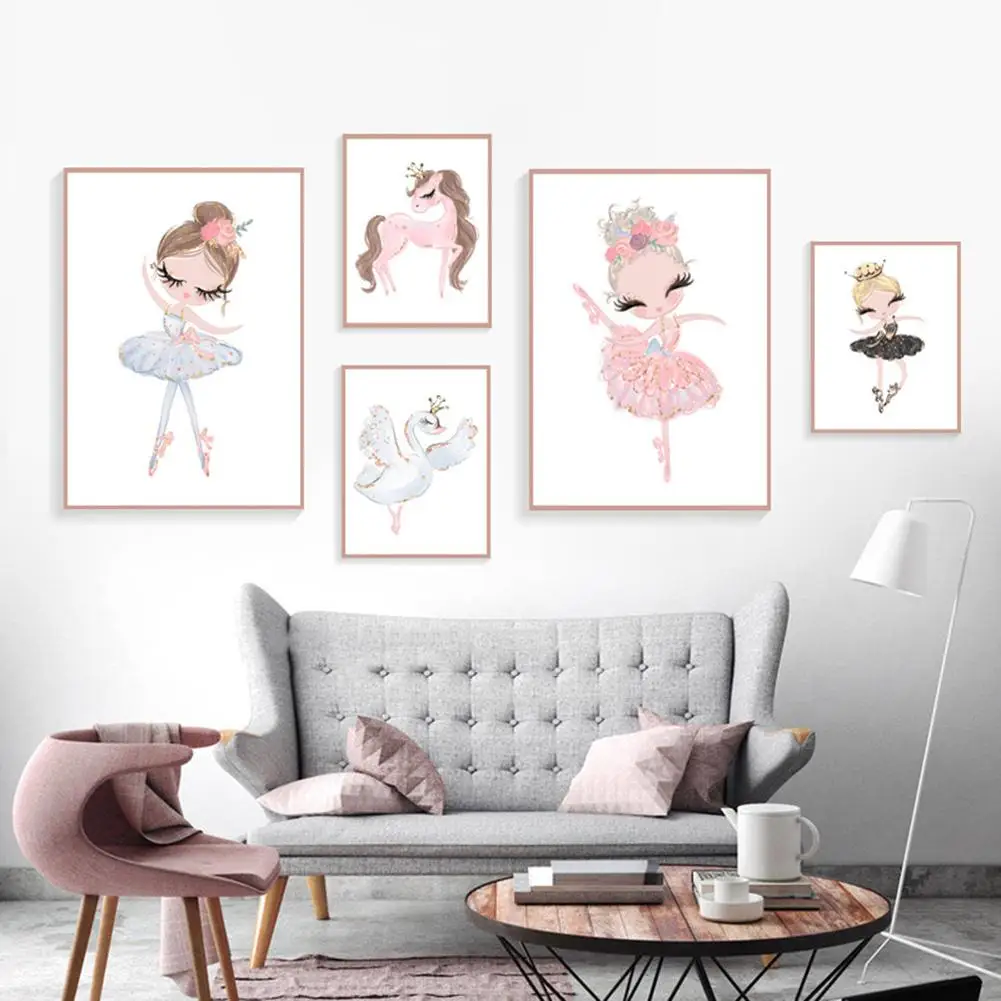 

ZOOYOO Nordic Poster Unframed Pictures Swan Horse Cartoon Wall Painting Girl Room Decor