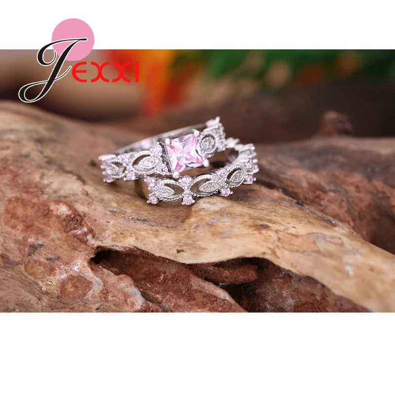 JEXXI Pure Love Pink CZ Cubic Zirconia Stone Ring Set S925 Stamped Silver Bridal Set For Engagement/Wedding Rings A Pair