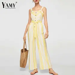 Мода спинки белый полосатый желтый комбинезон летние без рукавов Кнопка широкие брюки комбинезон Повседневное пояса женские комбинезон