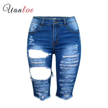 

Streetwear Ripped Jeans Mid Pants Female 2019 Summer Women's Hole Fringed Stretch Denim Capris Fashion Trend High Waist Trousers
