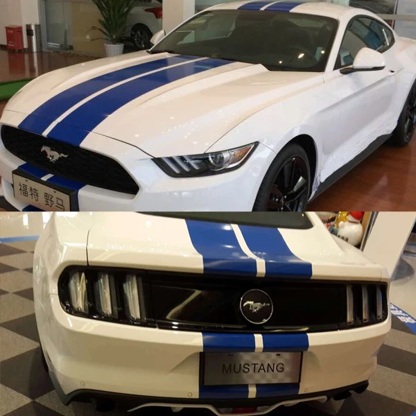 

Car Blue Dual Racing Stripe 15'' (w) Hood Roof Trunk Bumper Decal for Mustang Vinyl sticker ZC333 5PCS