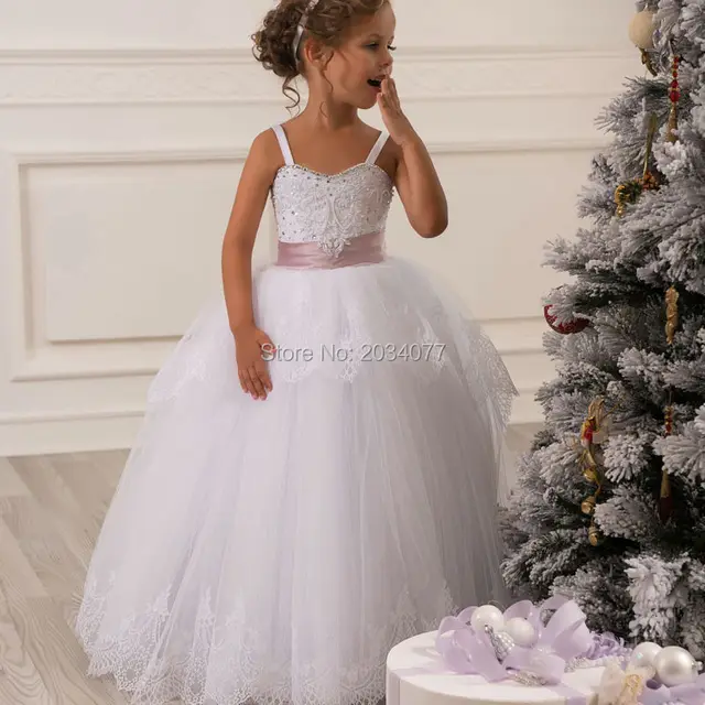 Robe petite fille d'honneur Blanc Fleur Fille Robes Dentelle Perle