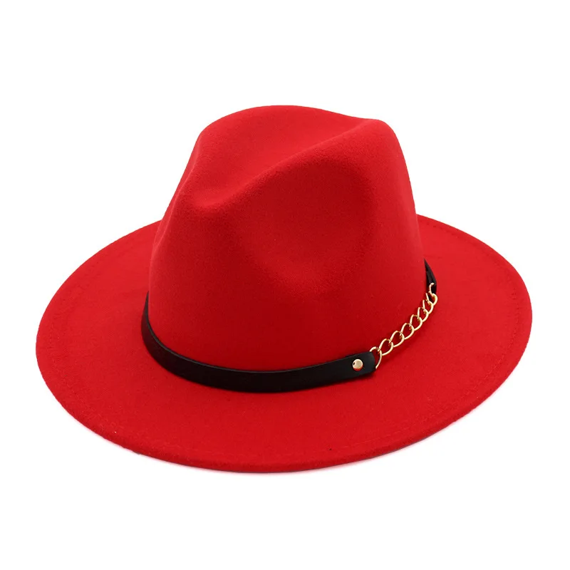 Новая модная мужская шляпа fedoras Женская модная джазовая шляпа лето весна черная Шерстяная кепка Уличная Повседневная шляпа ремень с металлической пряжкой - Цвет: Red