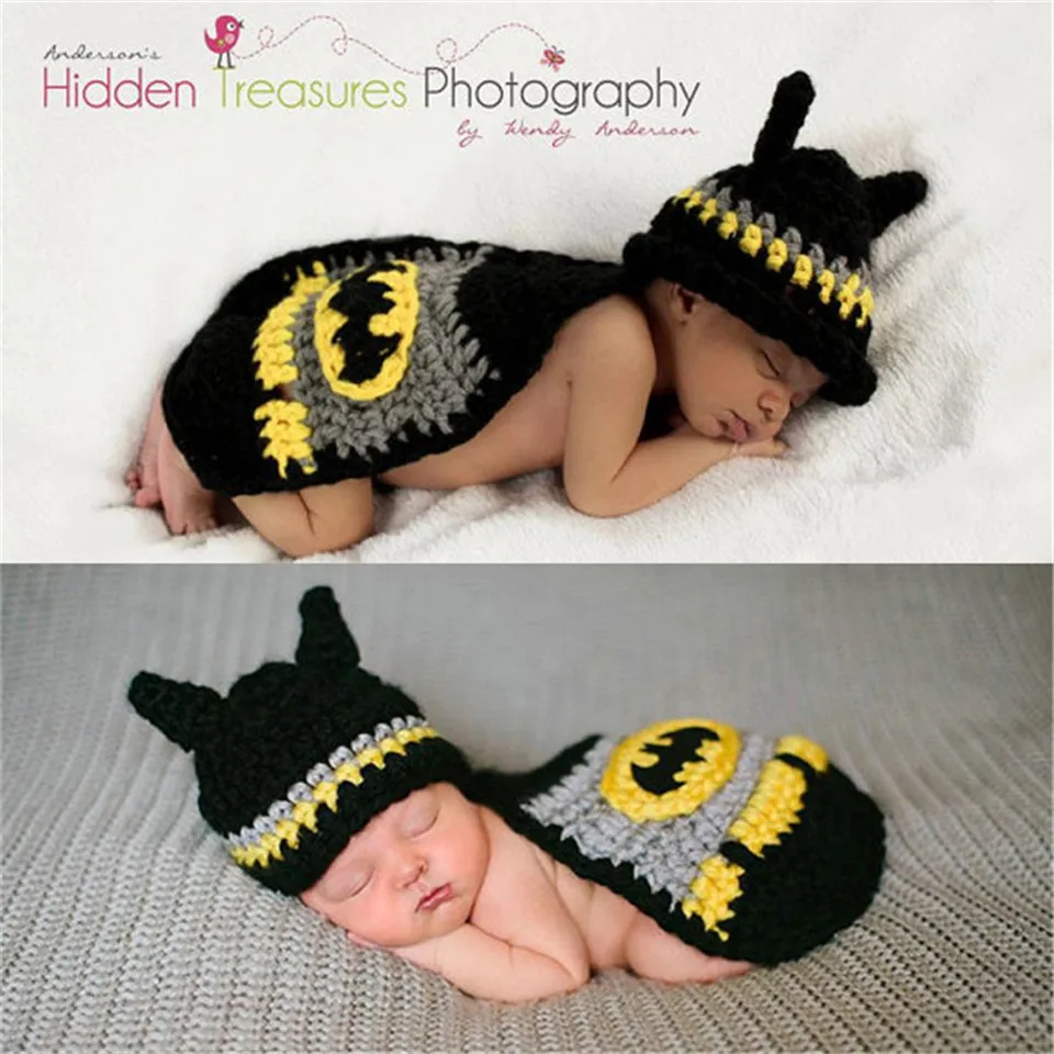 Лидер продаж Подставки для фотографий Новорожденные вязаный костюм крючком новорожденных Бэтмен для фотосессий, супер hero Hat cape установить