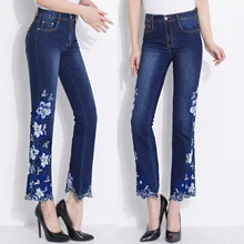 Летние весенние женские эластичные расклешенные джинсы с вышивкой жемчугом и бусинами, женские джинсовые брюки длиной до щиколотки с вышивкой