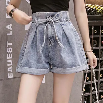 

Women Shorts 2019 Summer Wild High Waist Loose Thin Denim Shorts Spring Solid Color Ladies Roll Up Hem Slim Denim Shorts TTT124