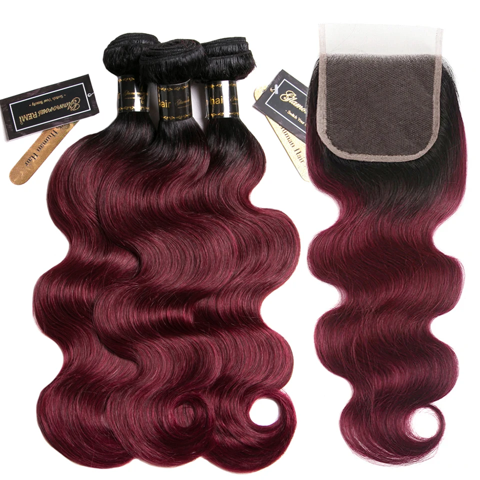 

Brazilian hair Weave 3 bundles Burgundy Body Wave Ombre Bundles With Closure T1B/99j Red Human Remy Hair Extensions With Closure