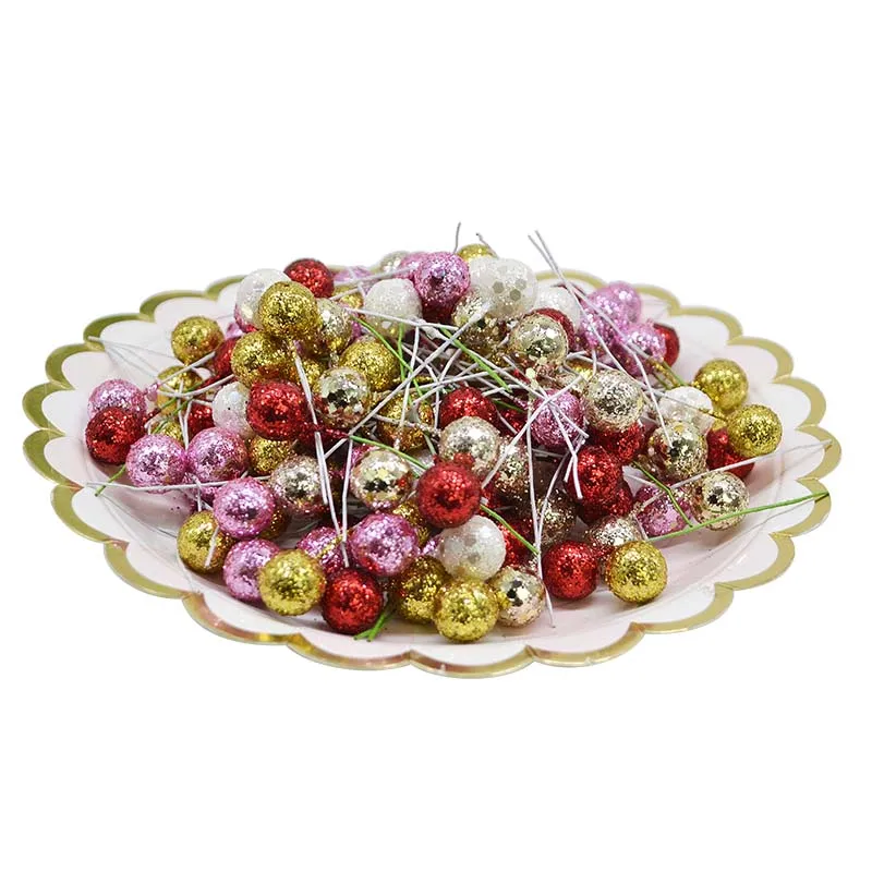 50pcs 12MM Glitter Red Gold Stamen Berry Artificial Fruit Berries Flowers Cherry for Wedding Christmas Decoration DIY Crafts 8