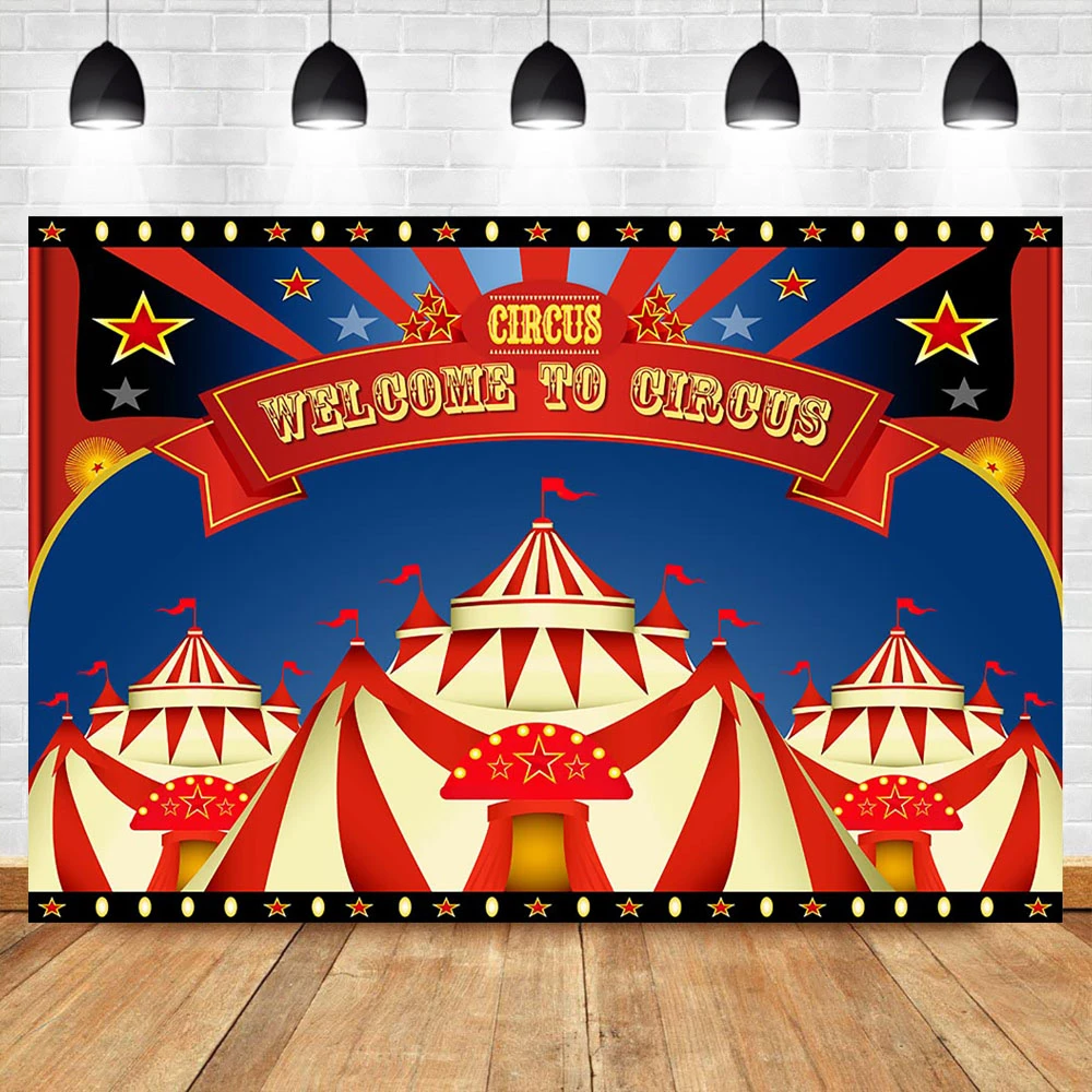 New Circus Carnival Birthday Photo Studio Booth Background Red Curtain Elephant Vintage Kids Birthday Decorations Black and White Grids Backdrops Banner for Photography 7x5ft