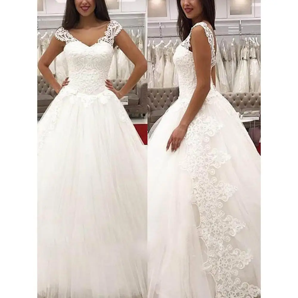 

Princess A Line Tulle Sweetheart Cap Sleeve Wedding Dress Vestido Noiva Praia With Lace Appliques Train Bridal Gowns